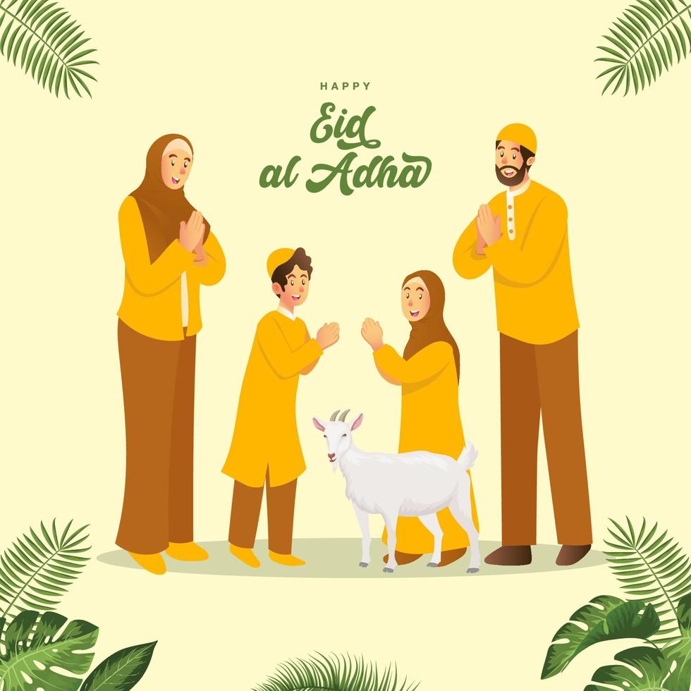 eid al adha grußkarte. karikaturmuslimische familie, die eid al adha mit opfertier feiert vektor