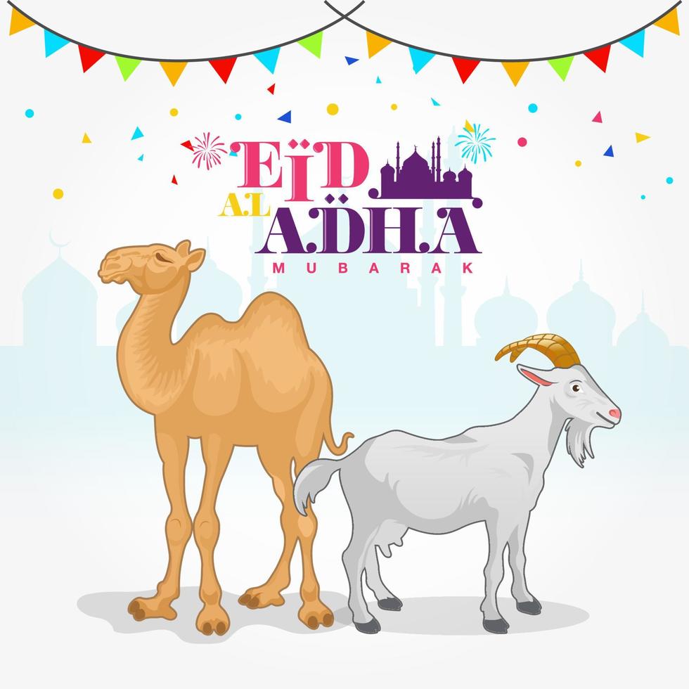 eid al Adha logotyp med get och kamel vektor