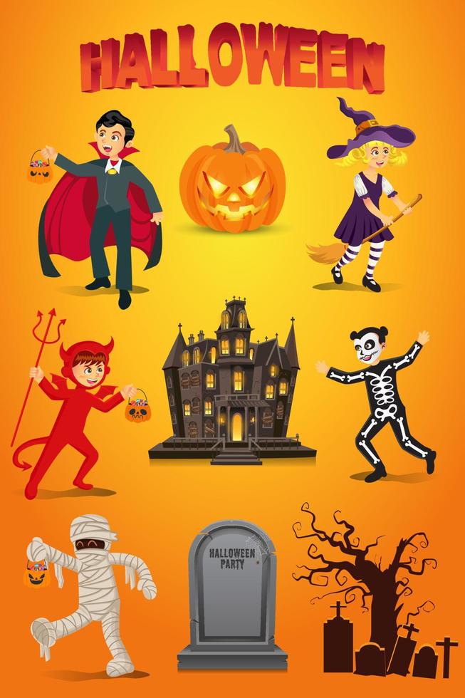 halloween vektor uppsättning med barn klädd i halloween kostym, pumpa, gravsten och besatt hus på orange bakgrund.