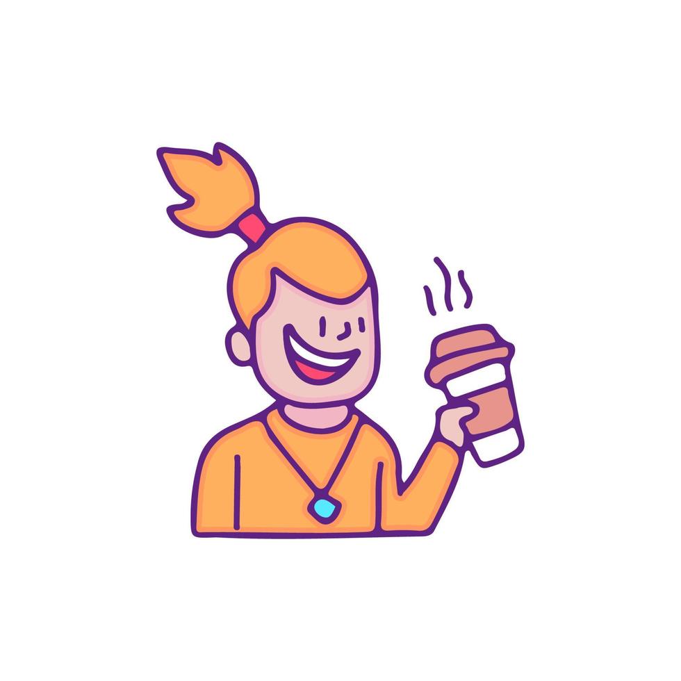 Cooler Junge mit Brötchenhaar trinkt eine Tasse Kaffee, Illustration für T-Shirt, Aufkleber oder Bekleidungswaren. mit Doodle-, Retro- und Cartoon-Stil. vektor