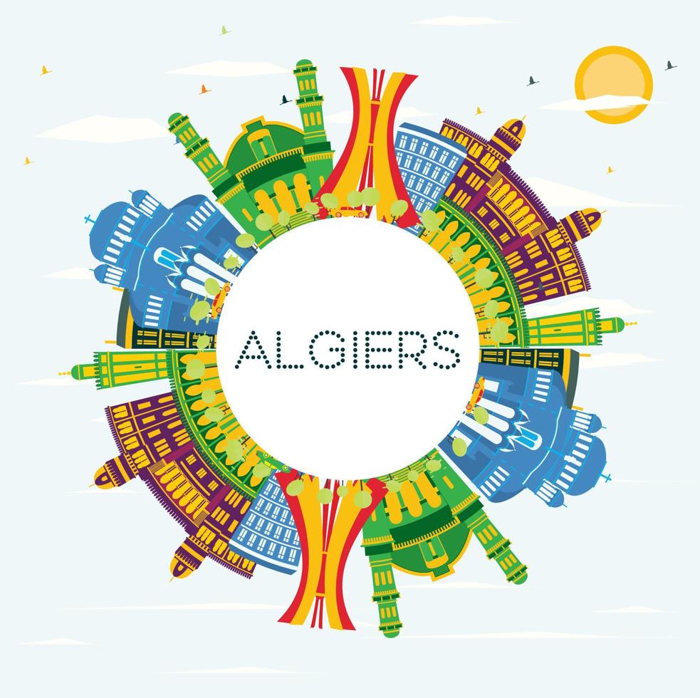 algier algerien stadtskyline mit farbigen gebäuden, blauem himmel und kopierraum. vektor
