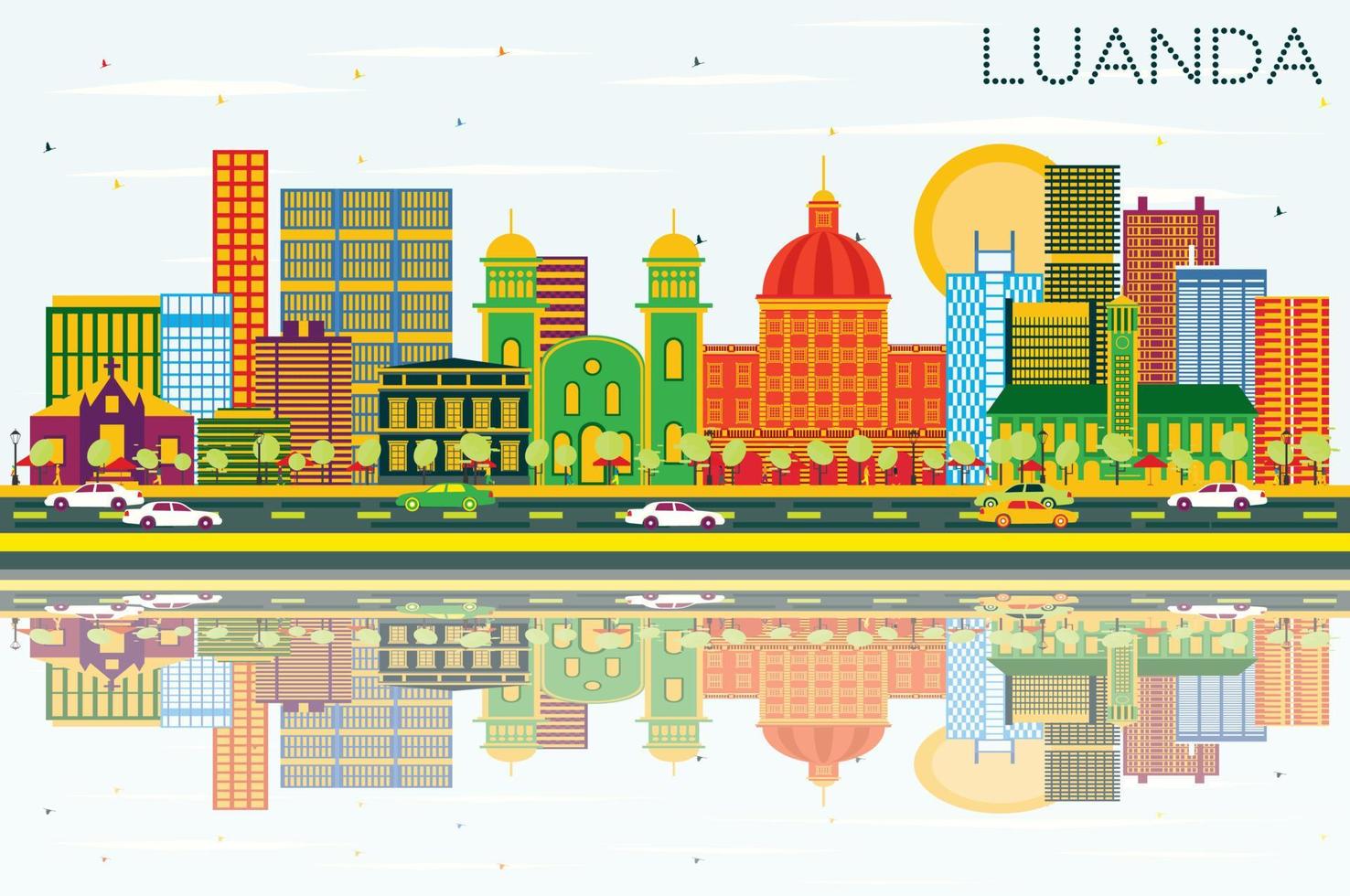 Skyline von Luanda Angola mit farbigen Gebäuden, blauem Himmel und Spiegelungen. vektor