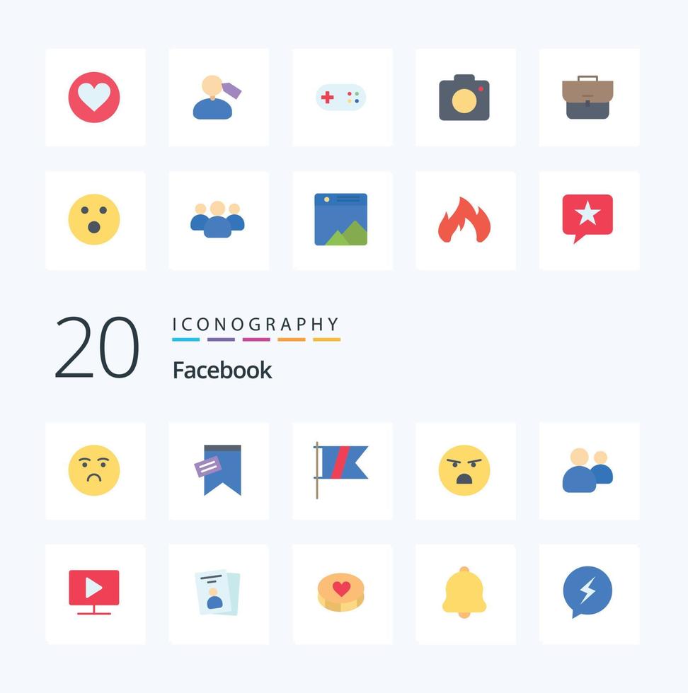 20 Facebook Flat Color Icon Pack wie Herzgefühl Golf schwaches Emoji vektor