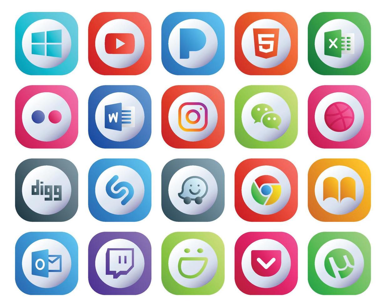 20 Social Media Icon Pack inklusive Outlook Chrome Instagram Waze Digg vektor