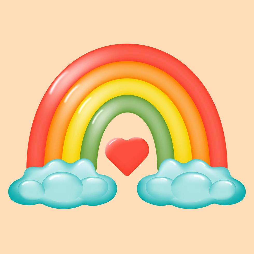 süßer 3D-Cartoon-Regenbogen mit Wolken und einem Herzen auf beigem Hintergrund. heller hintergrund mit buntem regenbogen. Designkonzept für Kinder. Vektor-Illustration. vektor