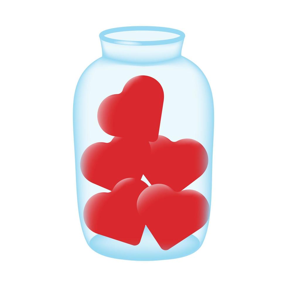 Glas gefüllt mit roten Herzen isoliert auf weißem Hintergrund. Vektor-Illustration. vektor
