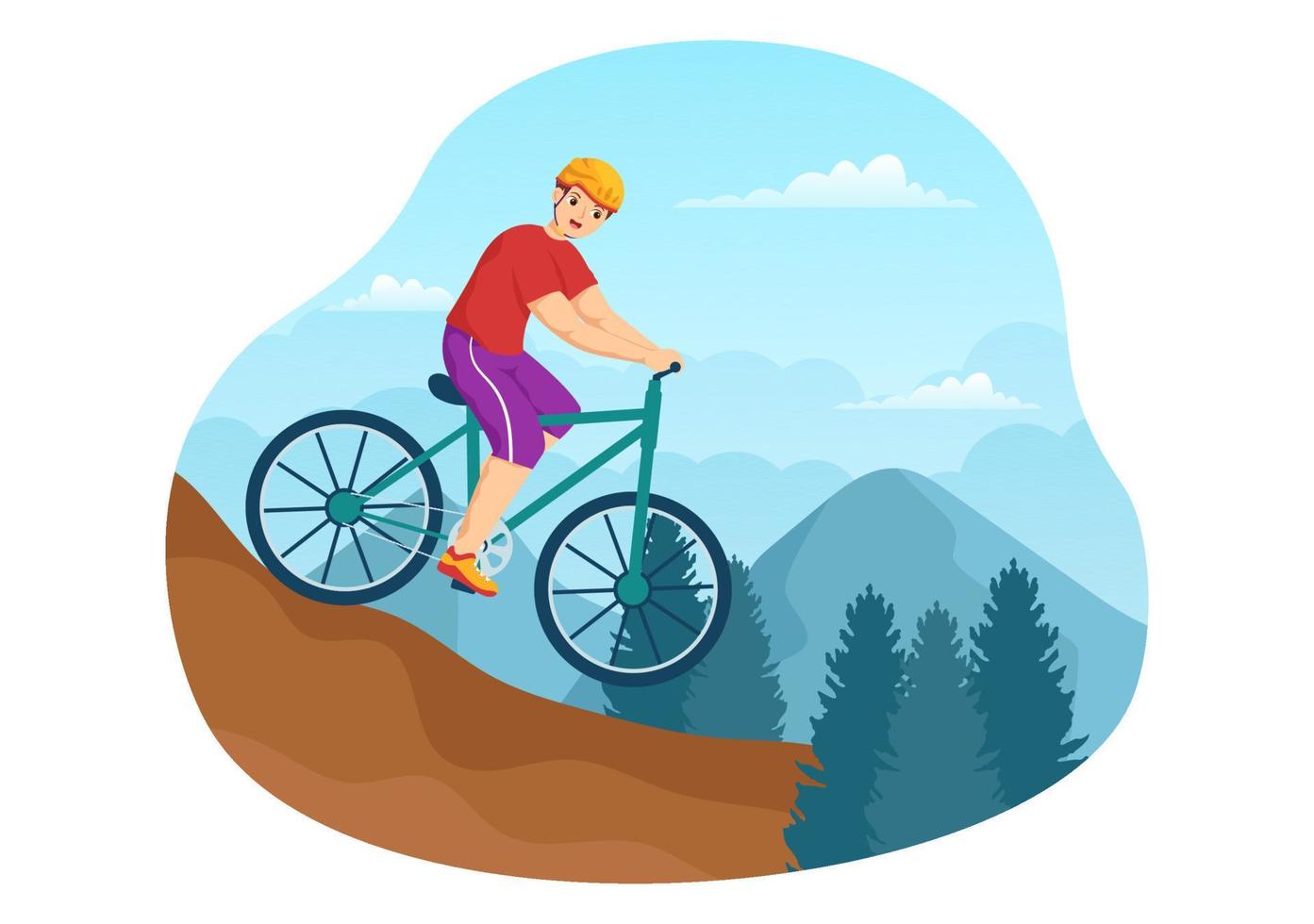 berg cykling illustration med cykling ner de bergen för sporter, fritid och friska livsstil i platt tecknad serie hand dragen mallar vektor
