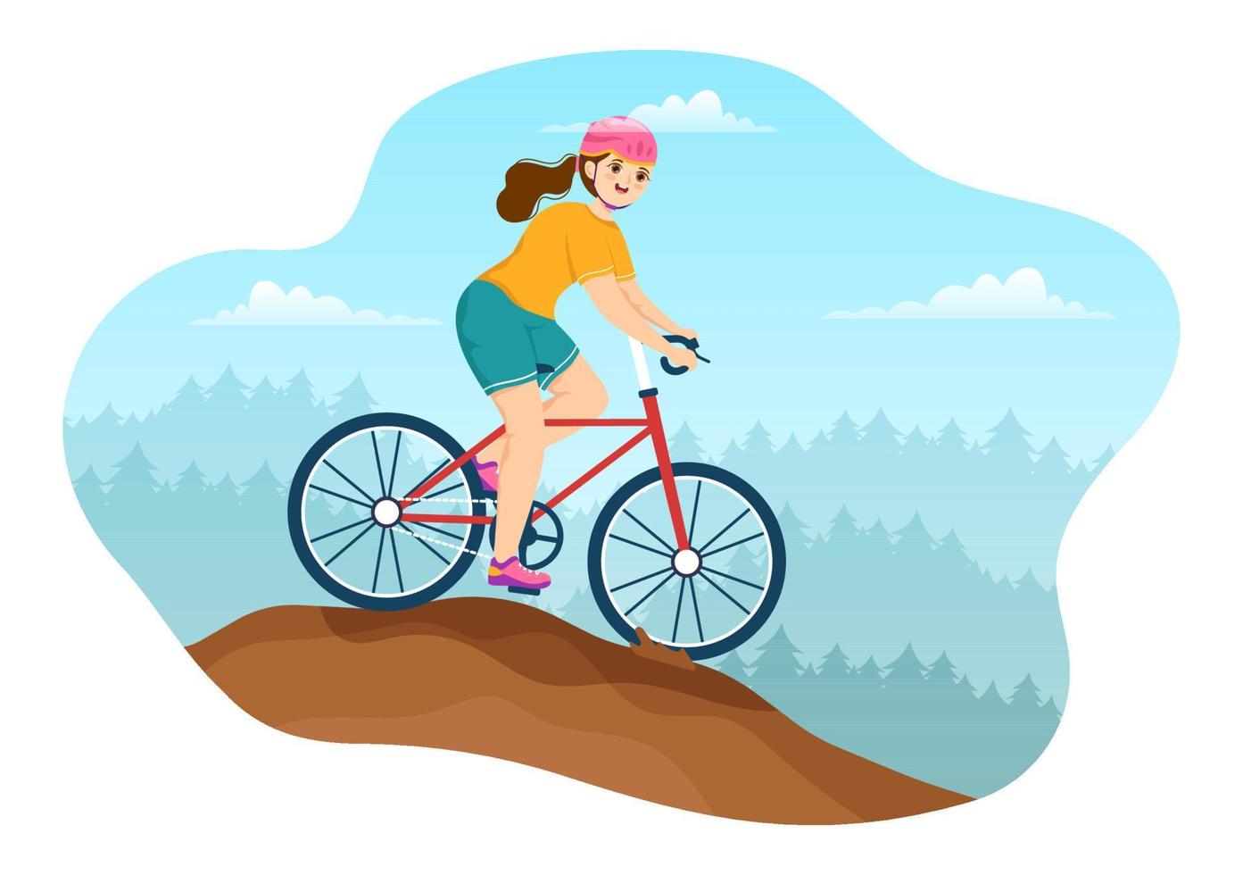 Mountainbike-Illustration mit Radfahren in den Bergen für Sport, Freizeit und gesunden Lebensstil in handgezeichneten flachen Cartoon-Vorlagen vektor