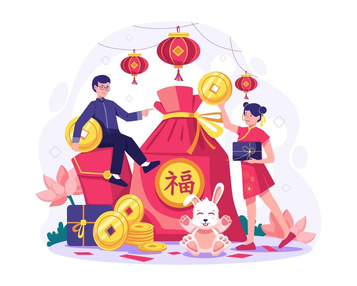 die leute feiern das chinesische neujahr. ein junger Mann, der in einem roten Couplet sitzt und eine CNY-Münze hält, eine junge Frau, die ein Geschenk hält. vektorillustration im flachen stil vektor