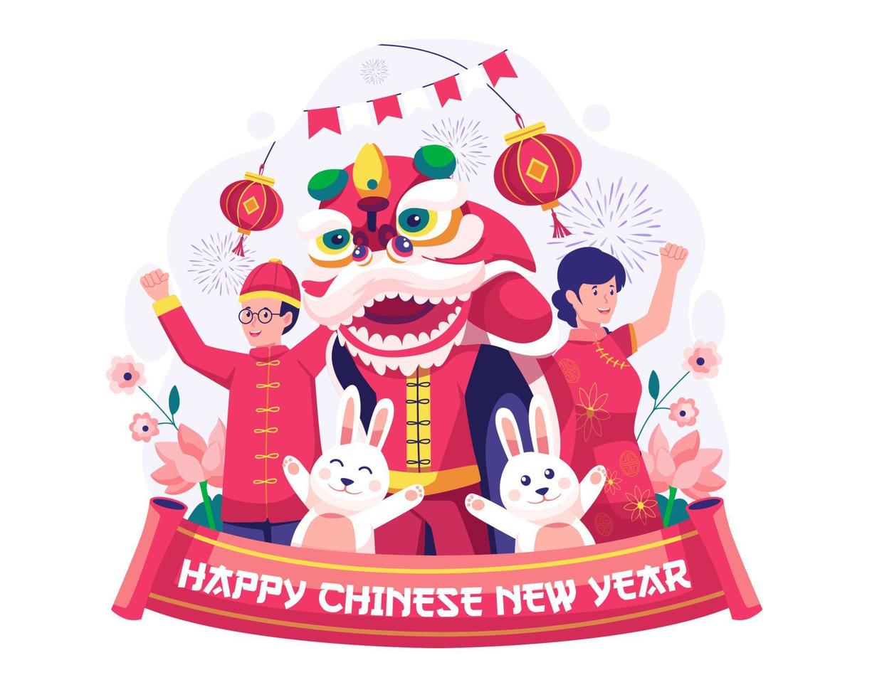 frohes chinesisches neujahrsfest mit asiaten feiern das neue jahr mit einem löwentanz, niedlichen kaninchen, hängenden laternen und dekorationen. Vektor-Illustration vektor