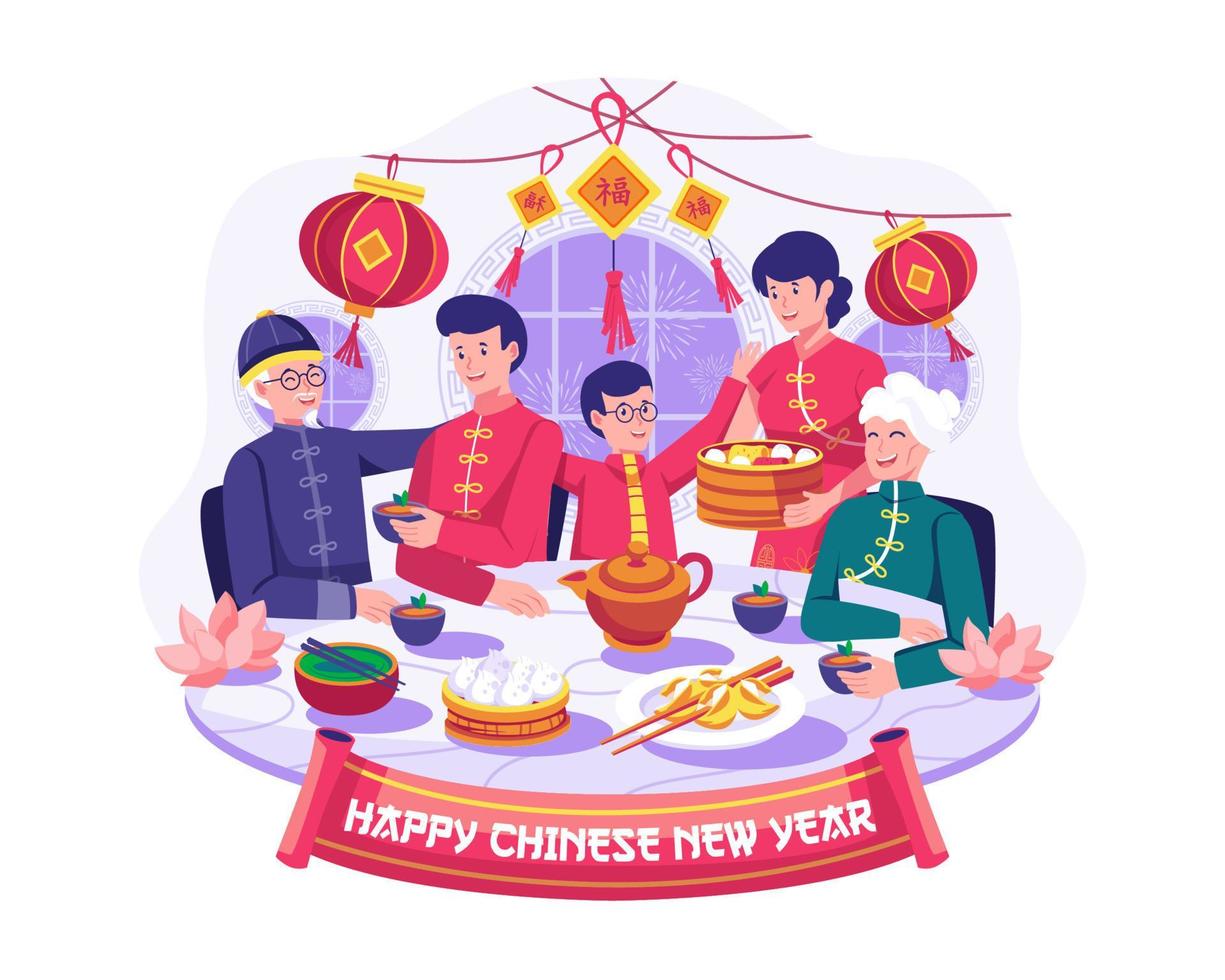 Lycklig asiatisk familj sammankomst är har en återförening middag och njuter gott traditionell maträtter på kinesisk ny år eve. vektor illustration