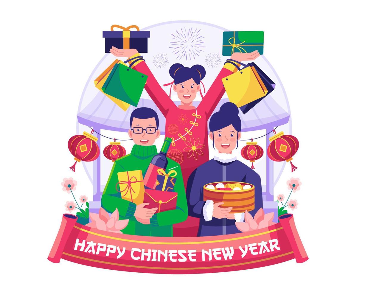 chinesisches neujahrseinkaufen mit asiatischen jungen leuten, die geschenkboxen und einkaufstaschen halten. Menschen kaufen Geschenke und Waren, um das neue Jahr zu feiern. vektorillustration im flachen stil vektor