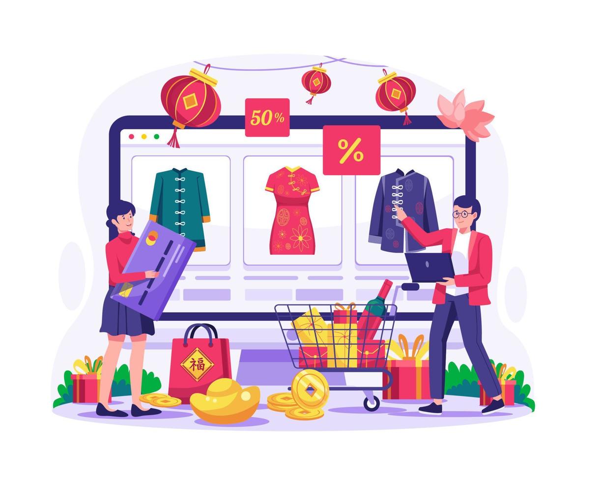 chinesische einkaufskonzeptillustration des neuen jahres. Eine Frau und ein Mann kaufen online über eine Desktop-Website ein vektor
