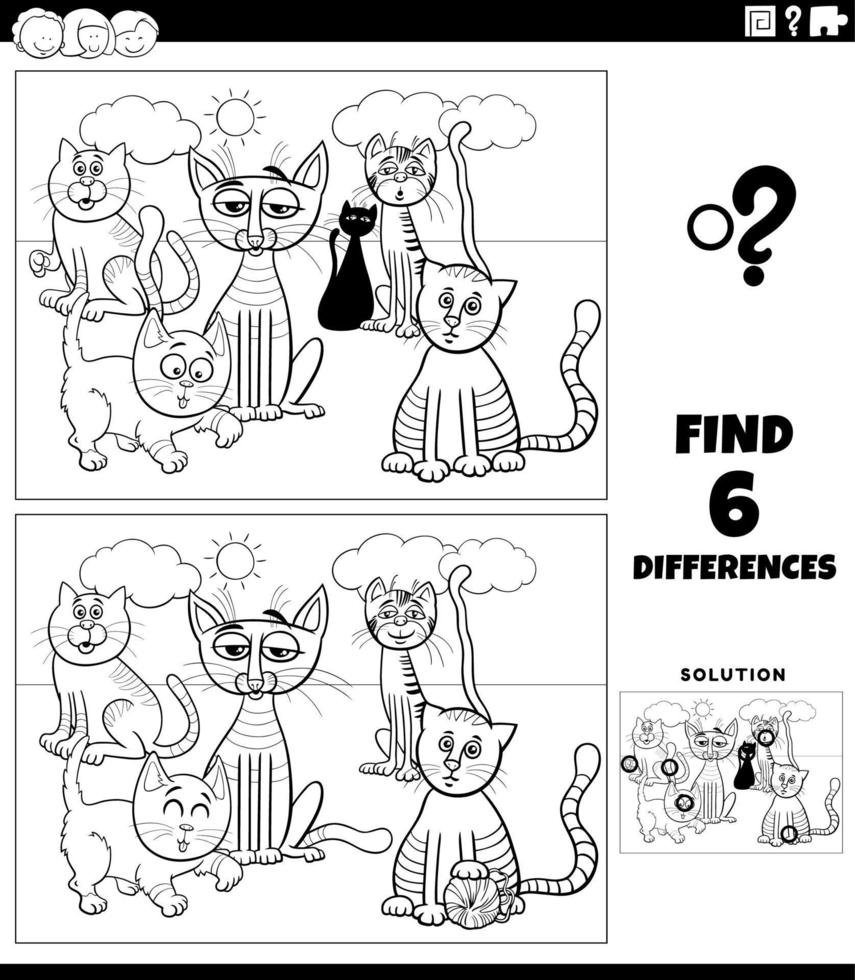 skillnader spel med tecknad serie katter färg sida vektor