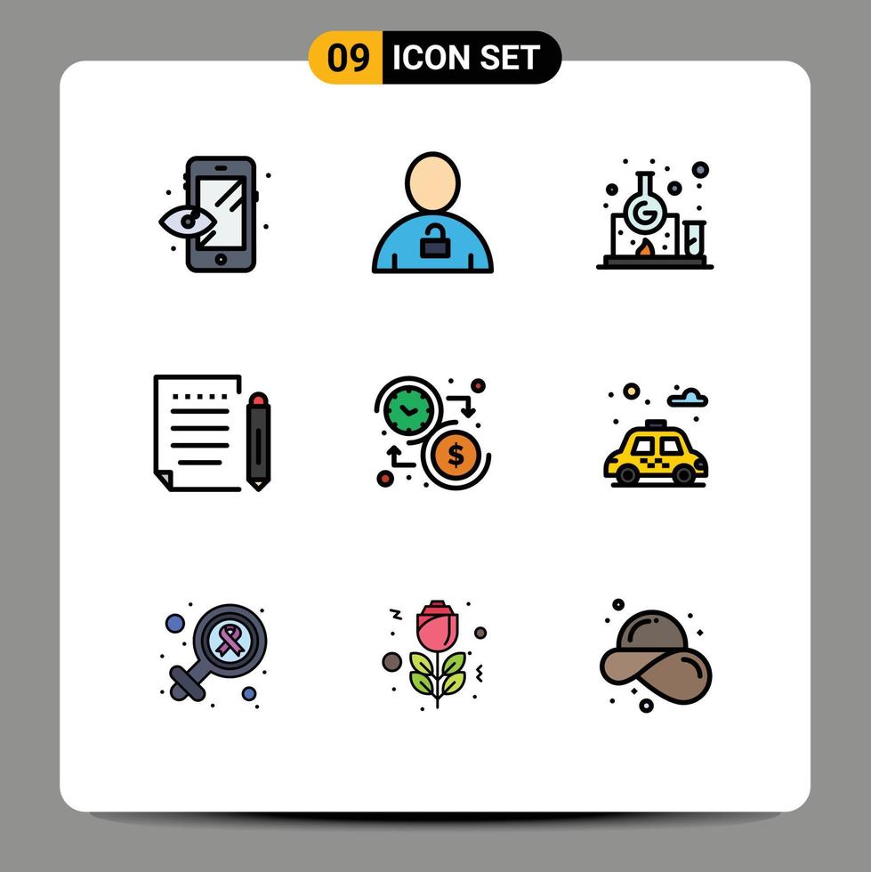 Stock Vector Icon Pack mit 9 Zeilen Zeichen und Symbolen für Dollar schreiben Chemie Papier Brief editierbare Vektordesign-Elemente