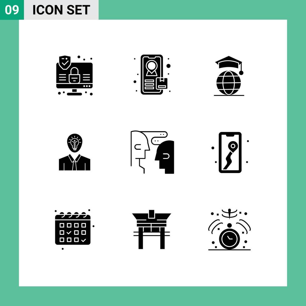 Gruppe von 9 modernen soliden Glyphen, die für das Wachstum von editierbaren Vektordesign-Elementen für die mobile menschliche Kommunikation festgelegt wurden vektor