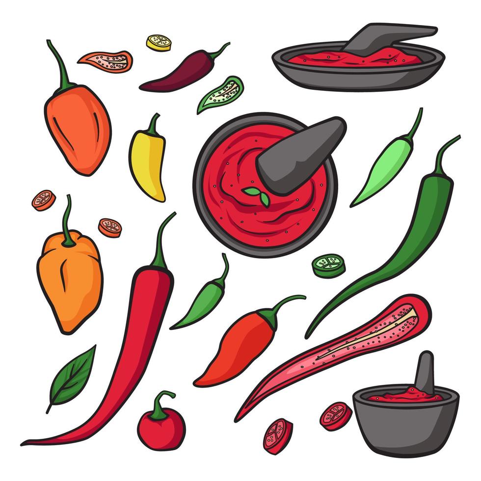 olika chili peppar vegetabiliska och sambal chili sås indonesiska mat kök ritad för hand klotter vektor