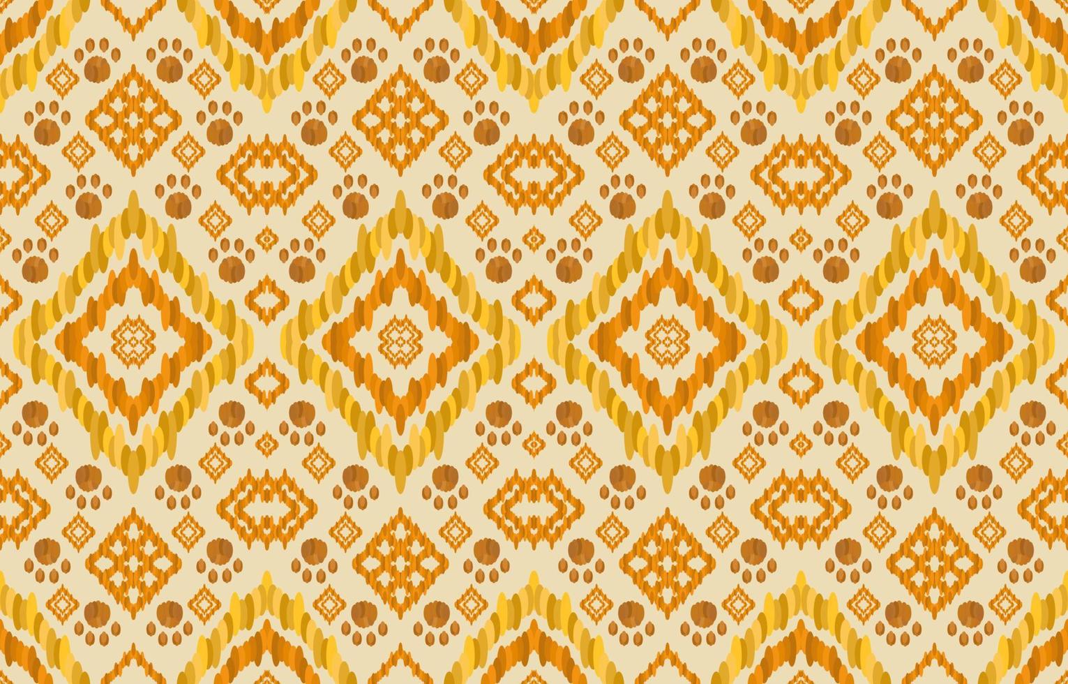 goldgelbe orange braune ikat-muster. geometrische reissamenlinie und pfotenabdruck tribal eleganter luxusstil. Ethno-Stoff Ikat nahtloses Muster. asiatisches Volksvektordesign für Bekleidungstextilien. vektor