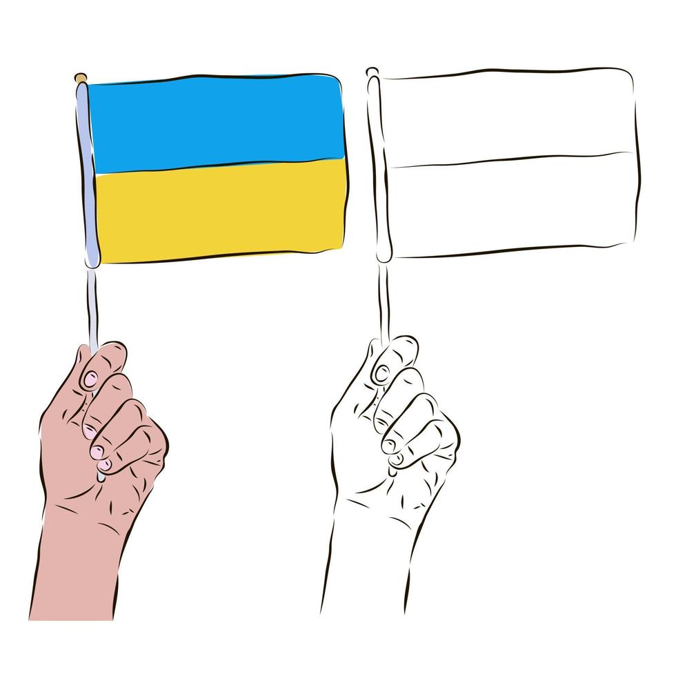 die flagge der ukraine ist in der hand eines mannes in farbe und schwarz-weiß. das Konzept des Patriotismus. vektor