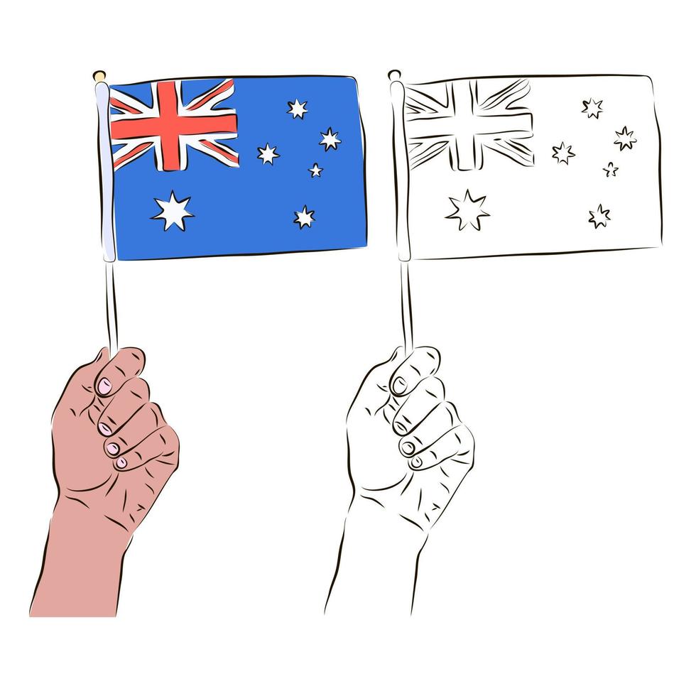 die flagge von australien ist in der hand eines mannes in farbe und schwarz-weiß. das Konzept des Patriotismus. vektor