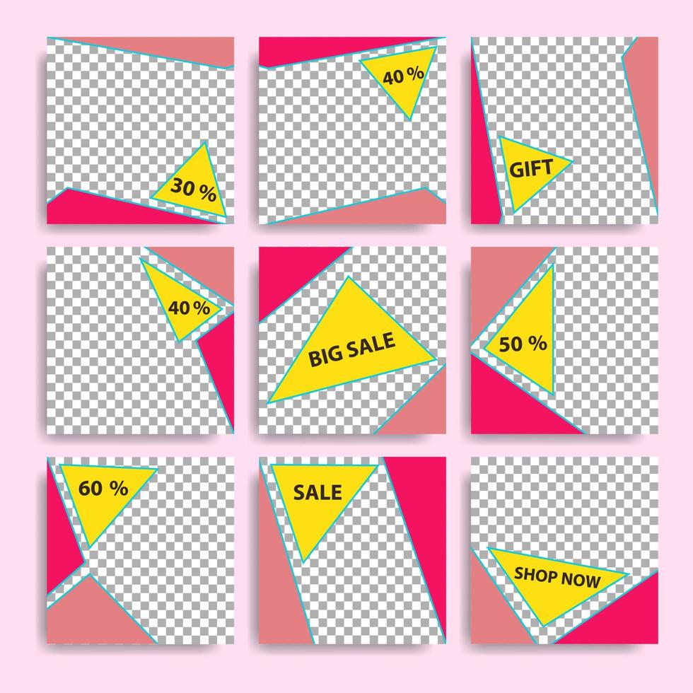 bearbeitbarer Beitrag für Instagram in hellgelber rosa Farbe, mit Rabatten und neuem Produkt. das konzept der postentwicklung und förderung. vektor