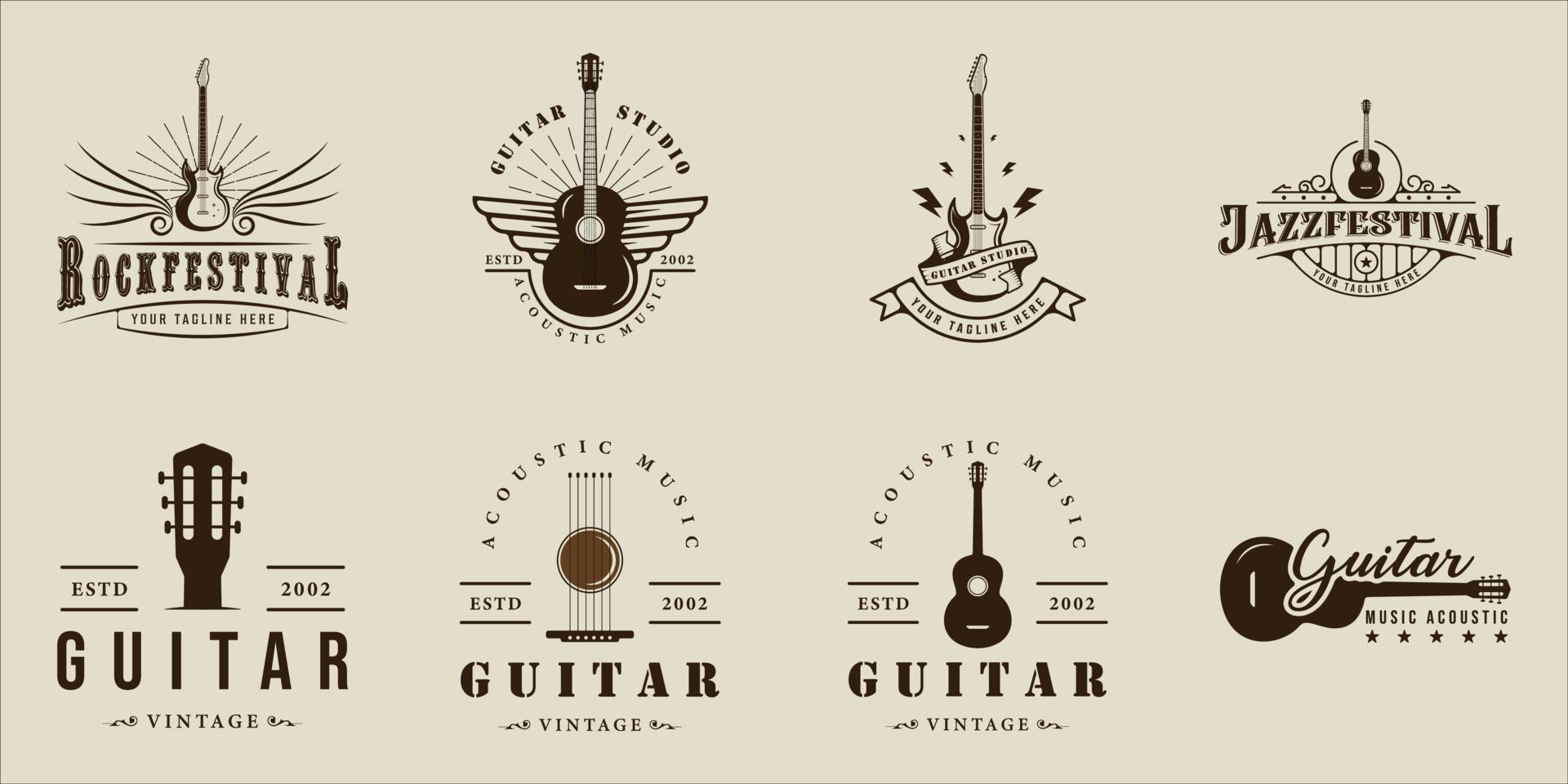 satz von gitarre logo vintage vektor illustration vorlage symbol grafikdesign. bündelsammlung von akustischen und elektrischen musikinstrumentenzeichen oder symbolen für gitarristenband oder geschäftsgeschäft
