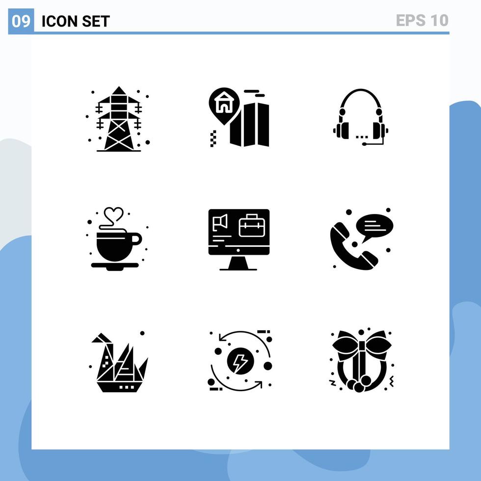 9 solides Glyphenkonzept für mobile Websites und Apps Teetasse Anruf Kaffeehilfe editierbare Vektordesign-Elemente vektor
