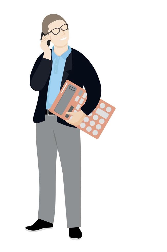 kille i glasögon med en enorm kalkylator i hans händer talande på de telefon, platt vektor, isolera på vit, revisor, kontor arbetstagare, ansiktslös illustration vektor