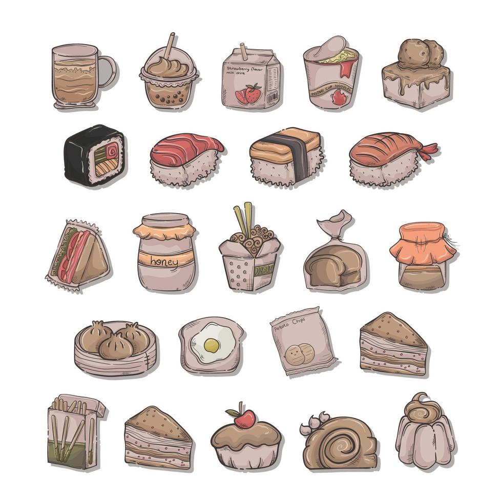 verschiedene handgezeichnete japanische lebensmittel sushi tasse nudeln kuchen sandwich milchgetränk sammlung vektor