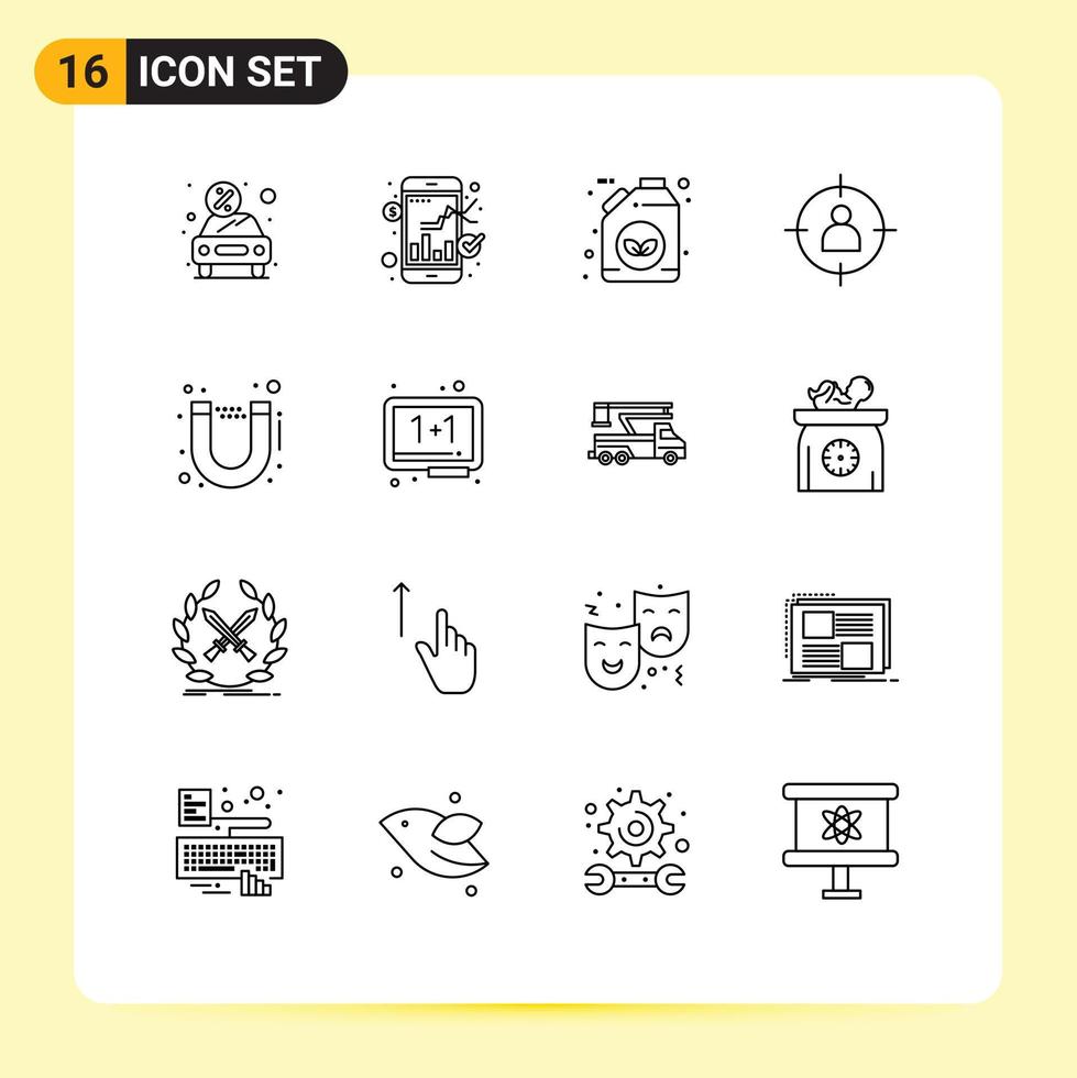 uppsättning av 16 modern ui ikoner symboler tecken för användare mål uppkopplad handel man grön redigerbar vektor design element