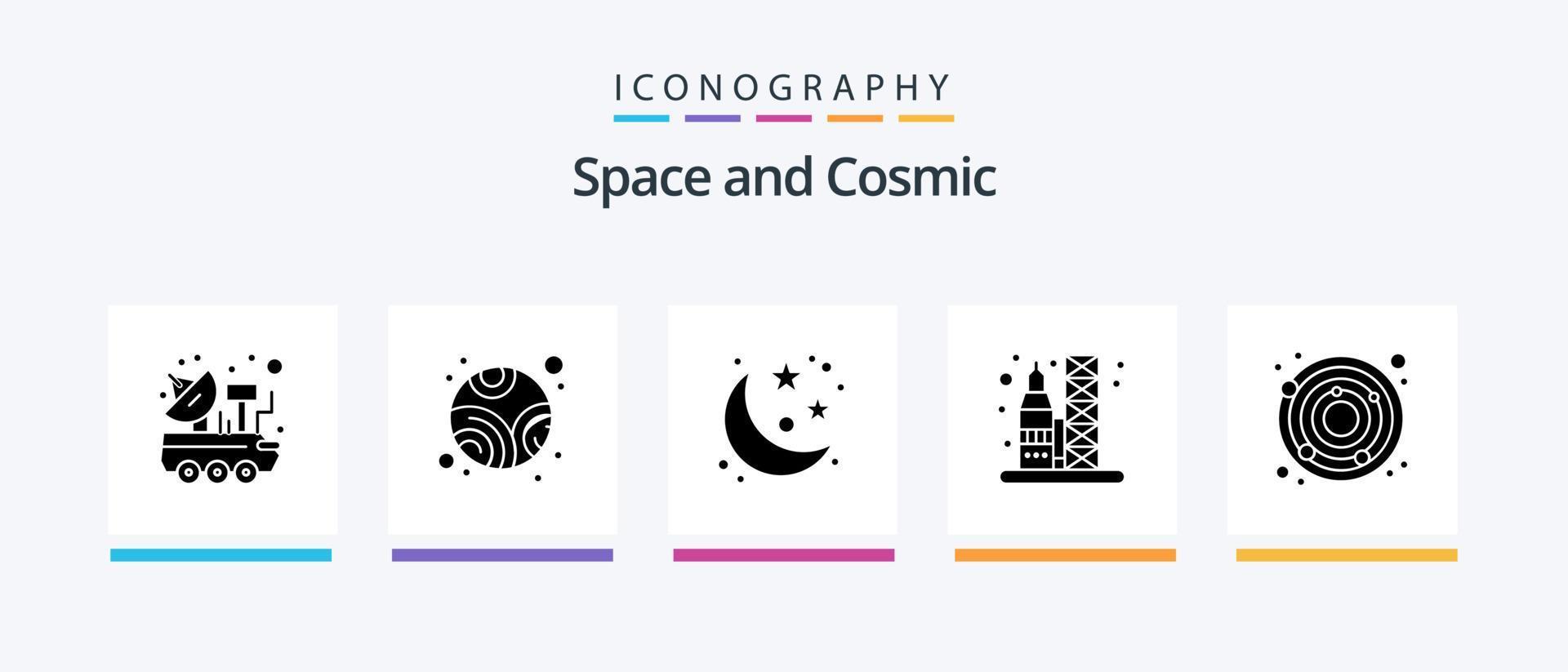 Space Glyph 5 Icon Pack inklusive Erde. Raum. Mond. Transport. Start. kreatives Symboldesign vektor
