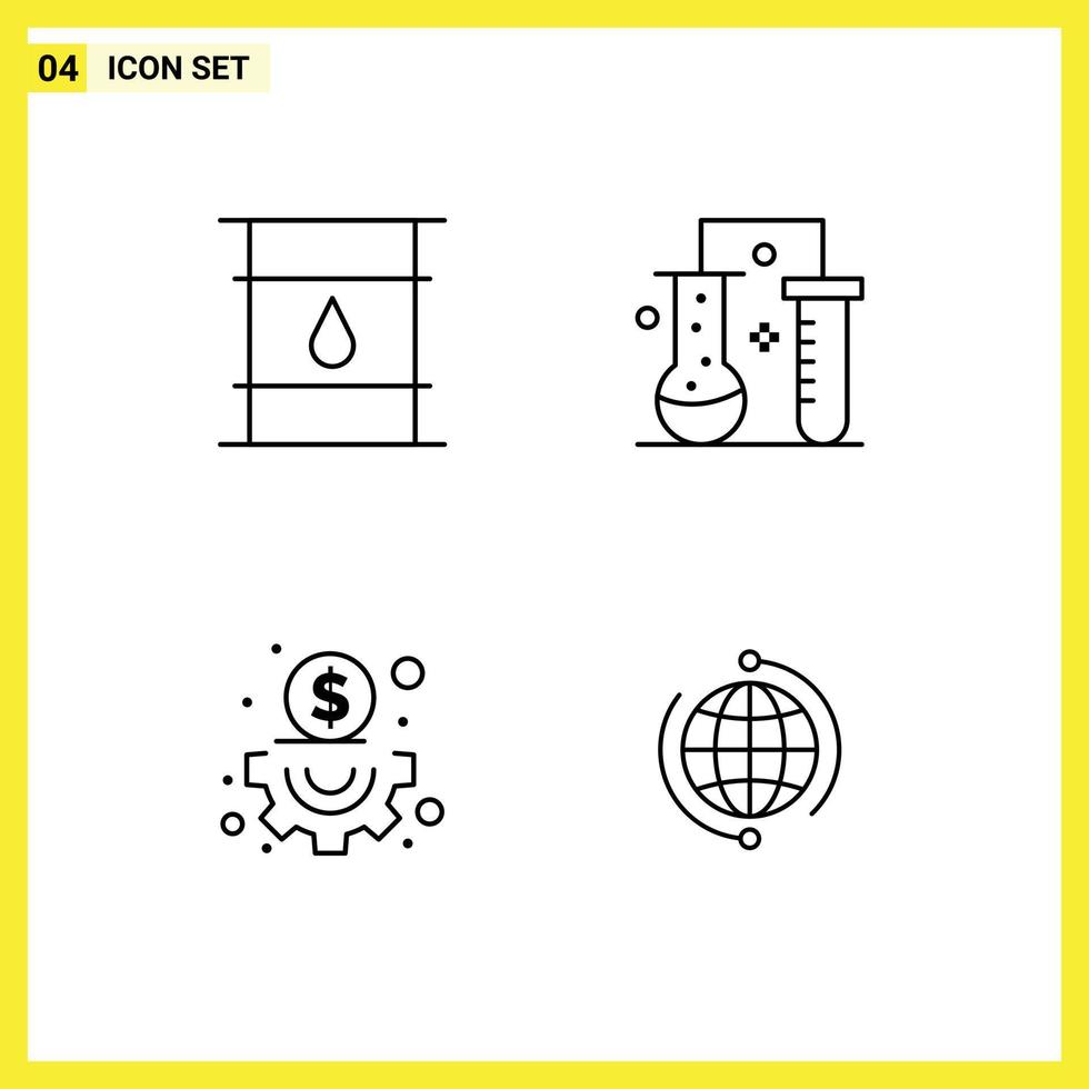 Stock Vector Icon Pack mit 4 Zeilenzeichen und Symbolen für die Bereitstellung von Chemieinhalten für wissenschaftliche Forschung, editierbare Vektordesignelemente