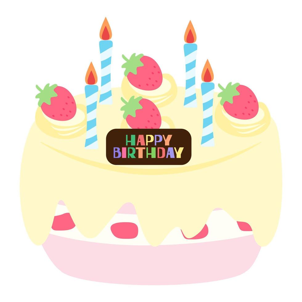 süßer Creme-Geburtstagskuchen mit Erdbeeren und Kerzen. Geburtstagsfeier-Element. isoliert auf weißem Hintergrund, flaches Design, Vektor eps10