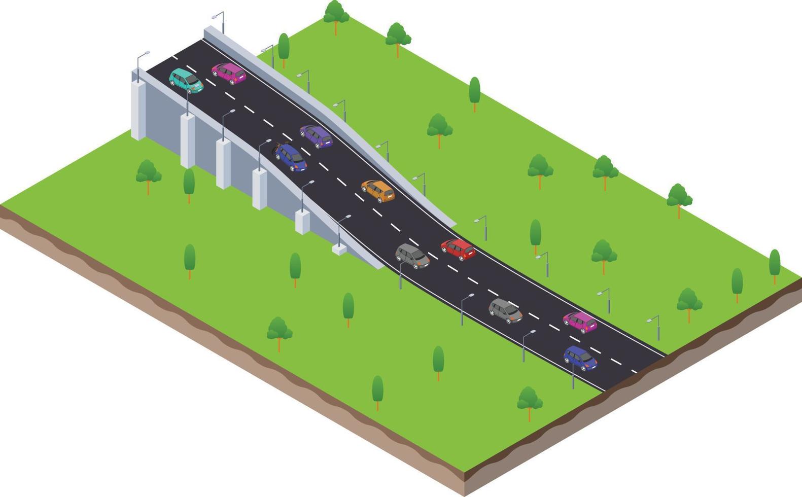 isometrische szene der autobahnverkehrsstraße mit brücke vektor