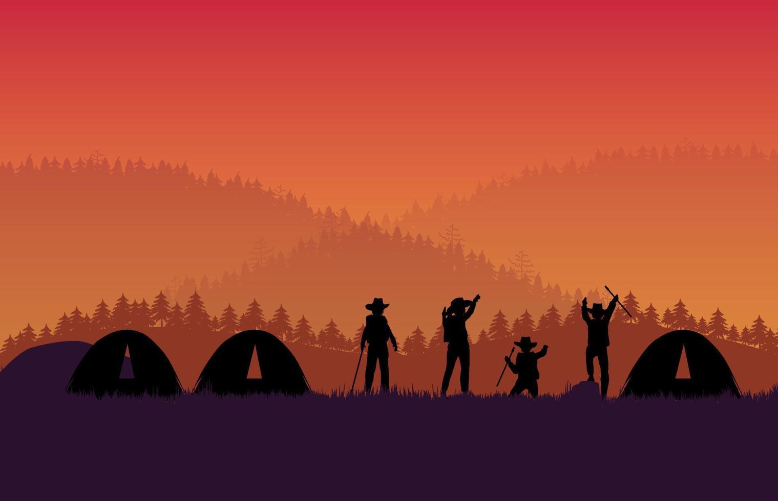 Silhouettengruppe von Wanderreisenden oder Trekkern und Zelt auf orangefarbenem Hintergrund mit Farbverlauf vektor