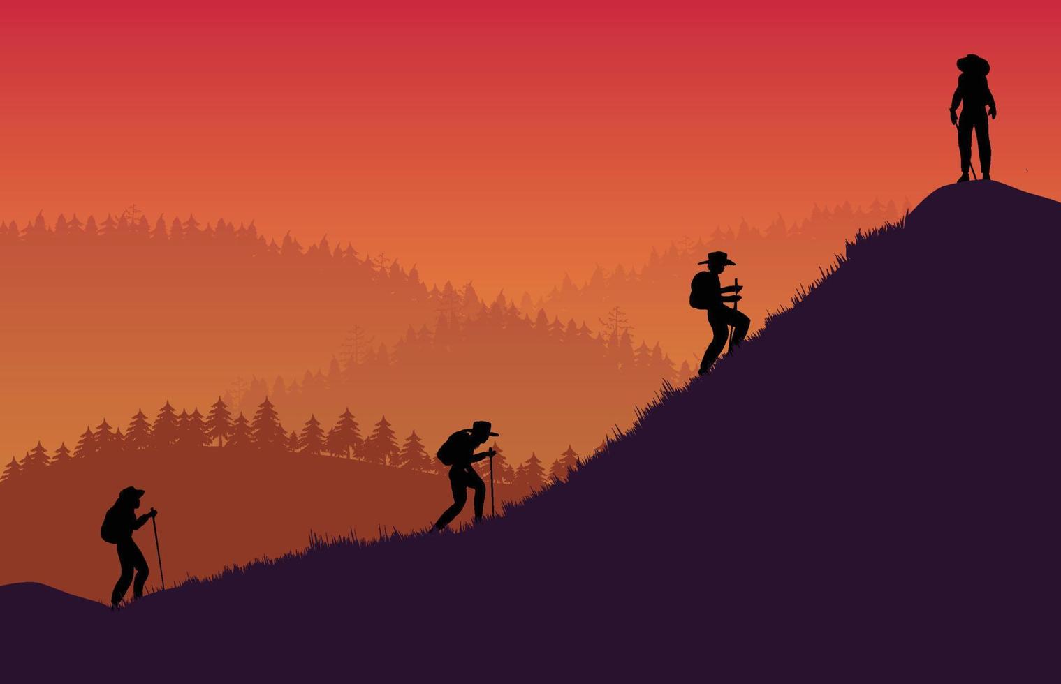 Silhouettengruppe von Wanderern und Berg auf orangefarbenem Hintergrund mit Farbverlauf vektor