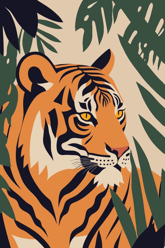 Tiger im flachen Vektorstil für Posterwandkunstdekor Boho-Illustration vektor