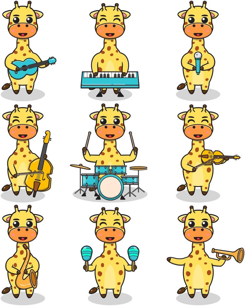 vektorillustration der niedlichen giraffe, die musikinstrumente spielt. satz niedlicher giraffenfiguren. karikaturtierspielmusik. Tiere Musiker. vektor