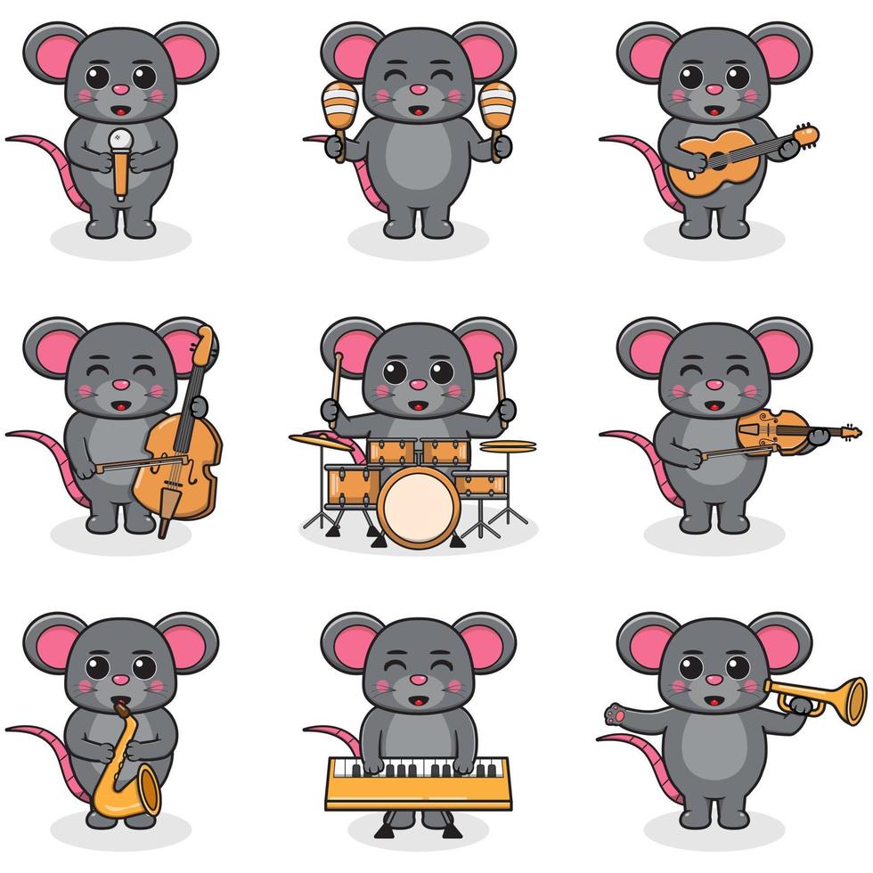 vektor illustration av söt mus spelar musik instrument. uppsättning av söt mus tecken. tecknad serie djur- spela musik. djur musiker.