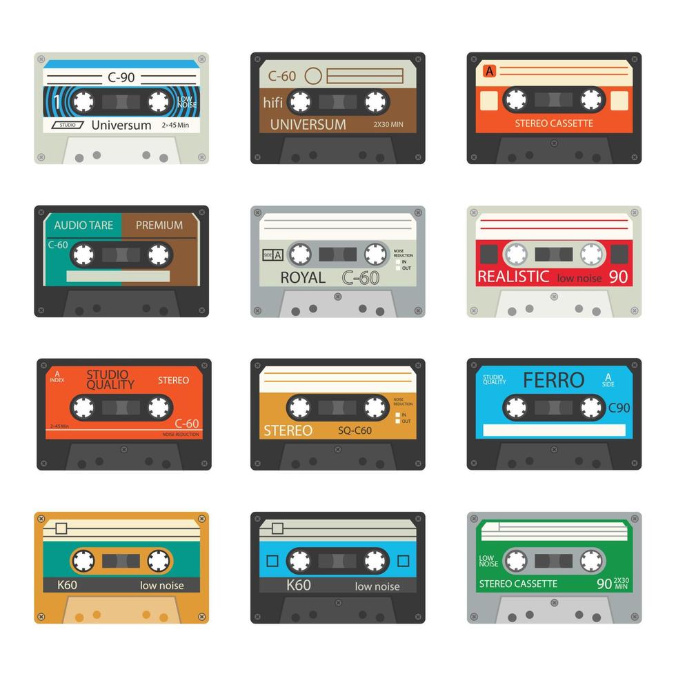 uppsättning av retro kassetter. olika färgad musik band. gammal teknologi, realistisk retro design. vektor illustration.
