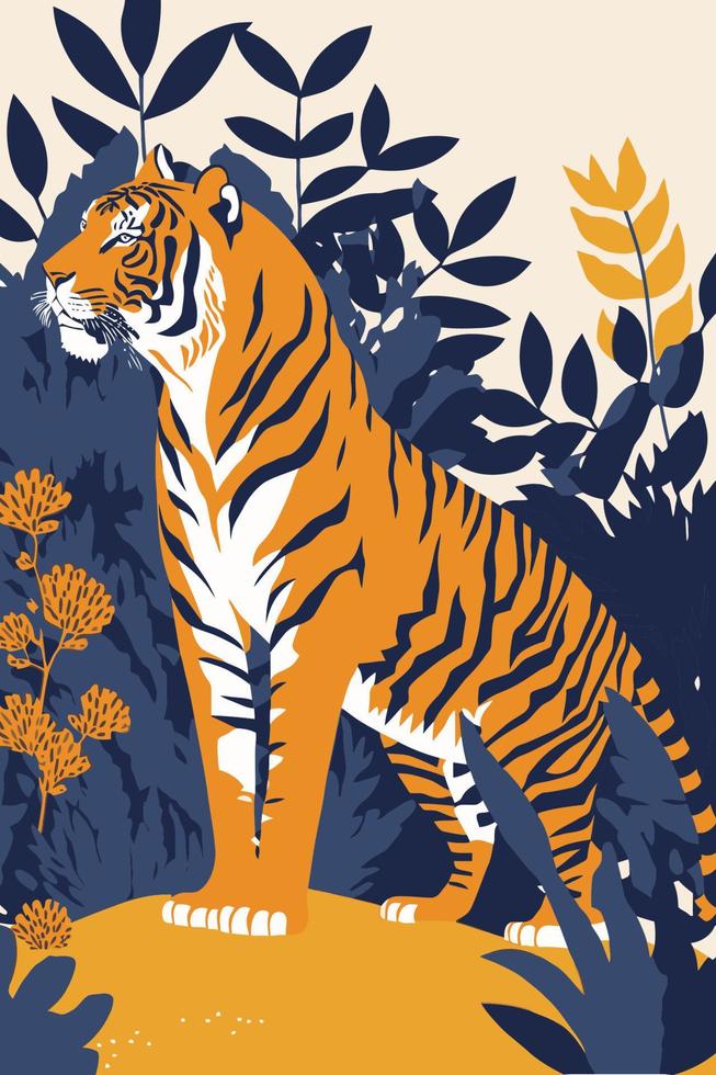 Tiger im flachen Vektorstil für Posterwandkunstdekor Boho-Illustration vektor