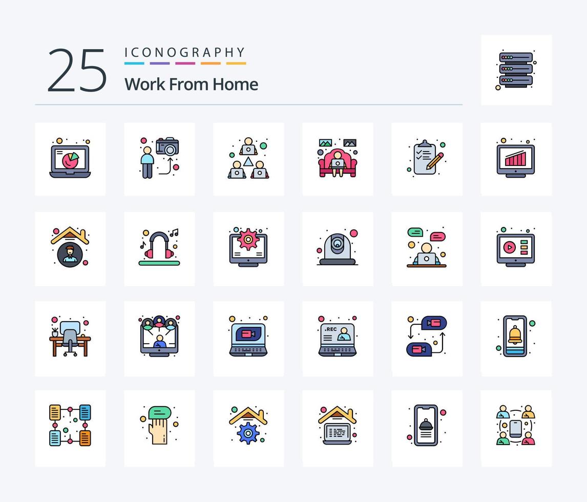 Arbeit von zu Hause aus 25 Zeilen gefülltes Icon-Paket einschließlich Arbeit von zu Hause aus. Notizbuch. Mann. teilen. Treffen vektor