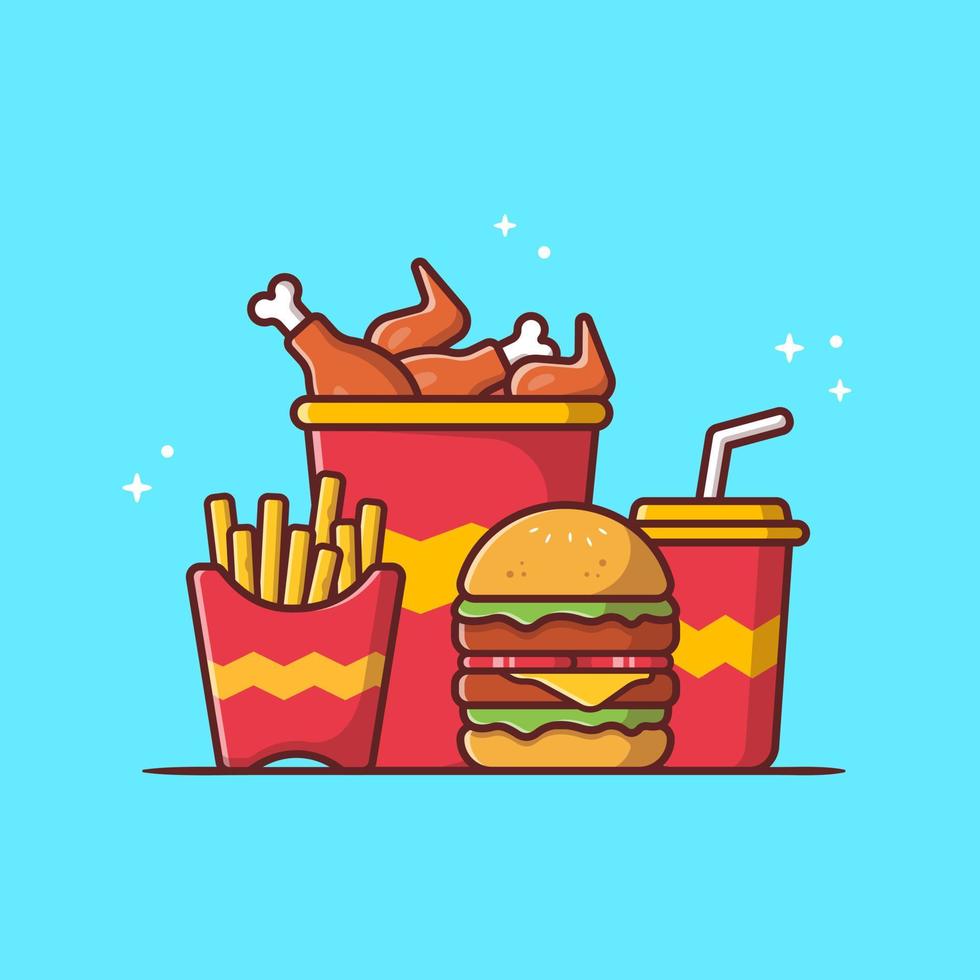 burger mit frittiertem huhn, pommes frites und soda-cartoon-vektor-symbol-illustration. Fast-Food-Icon-Konzept isolierter Premium-Vektor. flacher Cartoon-Stil vektor