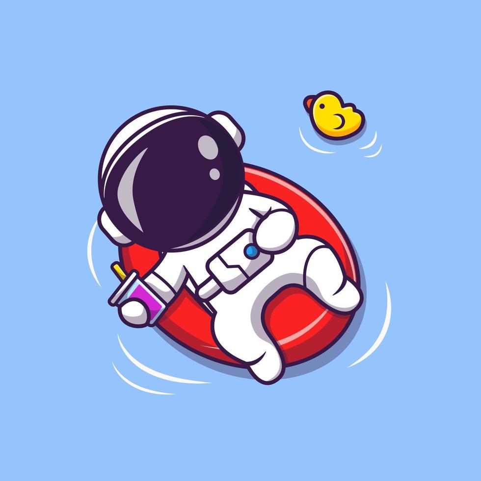 niedlicher astronautensommer, der am strand schwimmt, mit ballonkarikaturvektorsymbolillustration. wissenschaft sommer symbol konzept isoliert premium vektor. flacher Cartoon-Stil vektor
