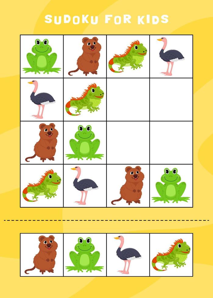 Sudoku-Arbeitsblätter für Kinder zum Thema Tier vektor