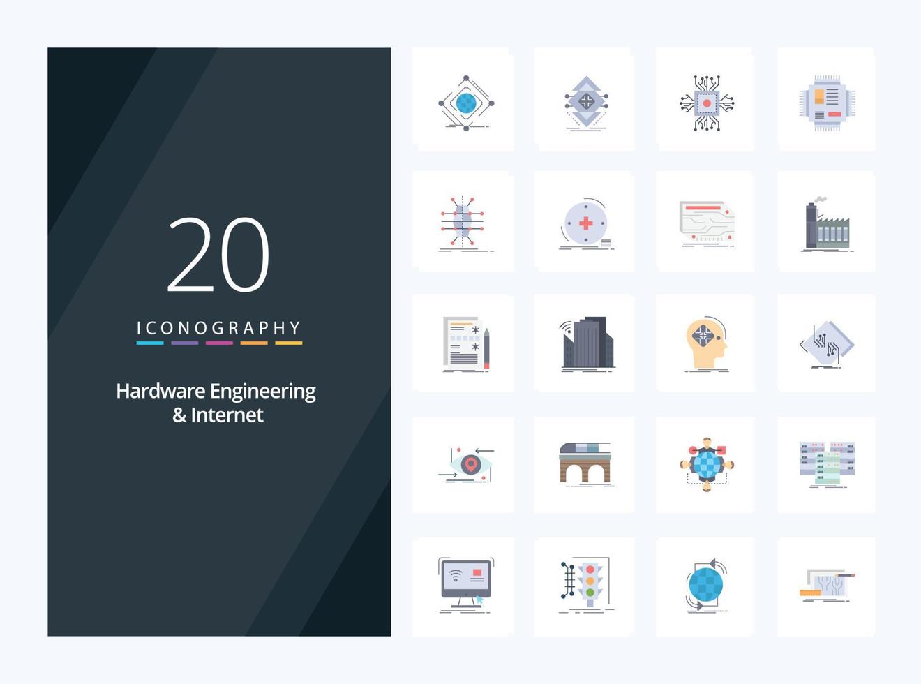 20 Hardware-Engineering und flaches Farbsymbol für das Internet zur Präsentation vektor