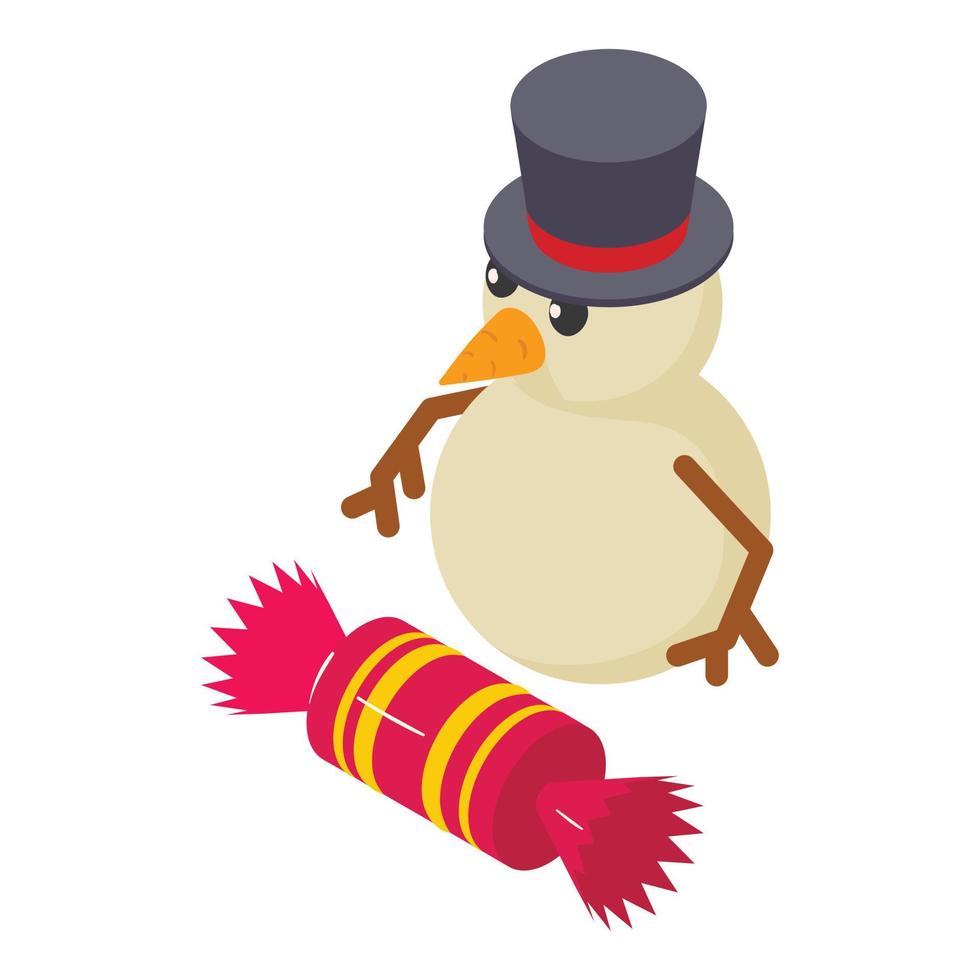 isometrischer vektor der weihnachtsschneemannikone. Schneemann mit schwarzem Hut und großer Süßigkeiten-Ikone