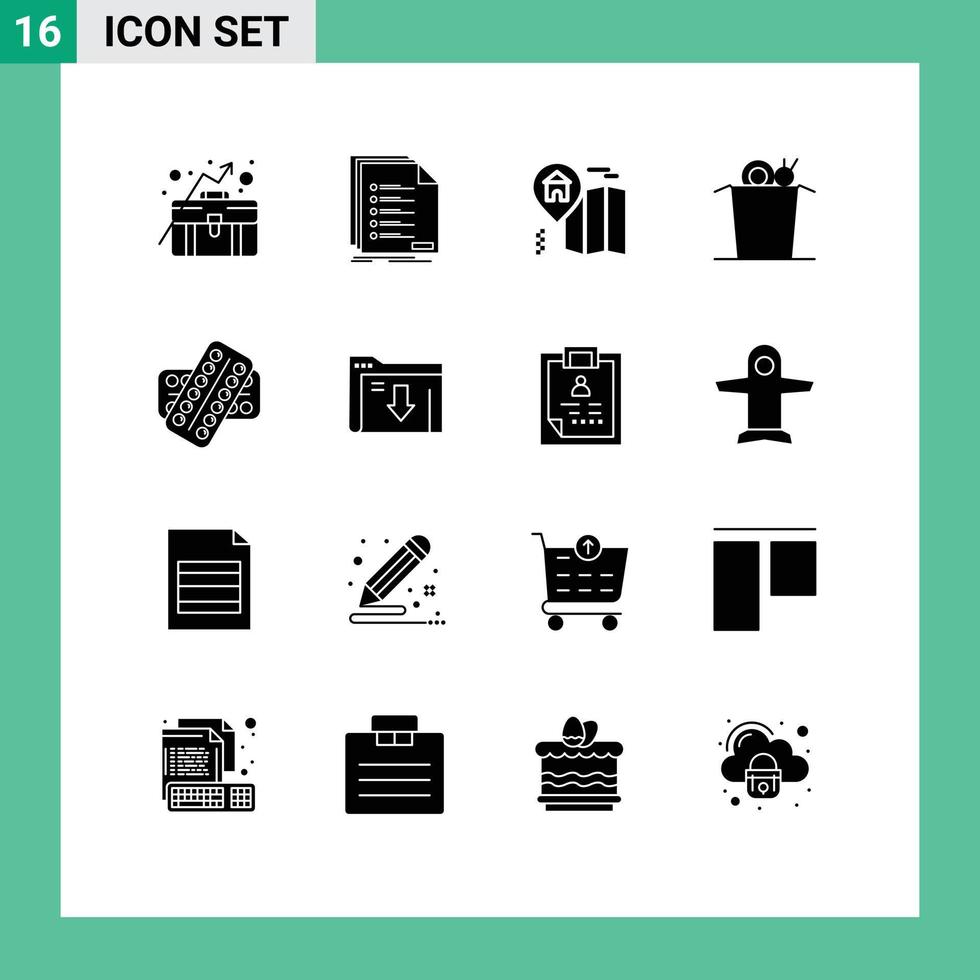 16 universelle solide Glyphen, die für Web- und mobile Anwendungen gesetzt werden. Medikamente, Medikamente, Registrierung, Tasse, Nudel, editierbare Vektordesign-Elemente vektor