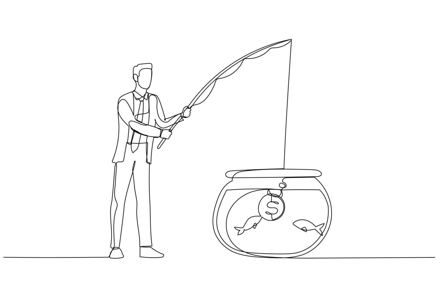 illustration des geschäftsmannes, der versucht, mit münzenködern zu haken und zu fangen. Kunststil mit einer durchgehenden Linie vektor