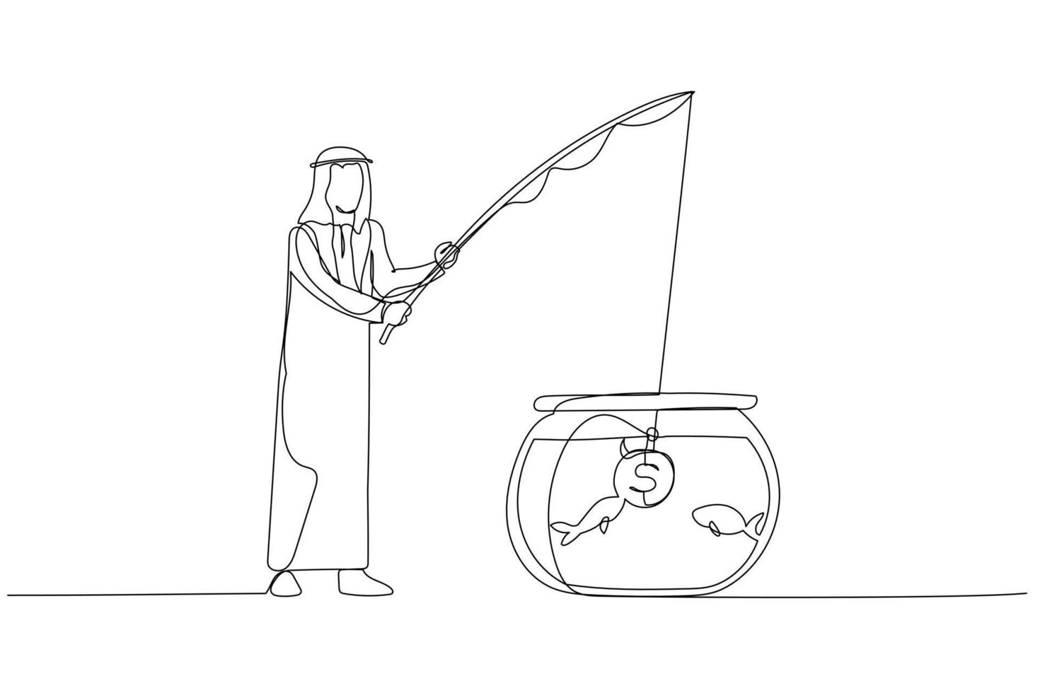 Zeichnung eines arabischen Geschäftsmanns, der versucht, mit Münzködern zu haken und zu fangen. Kunststil mit einer durchgehenden Linie vektor
